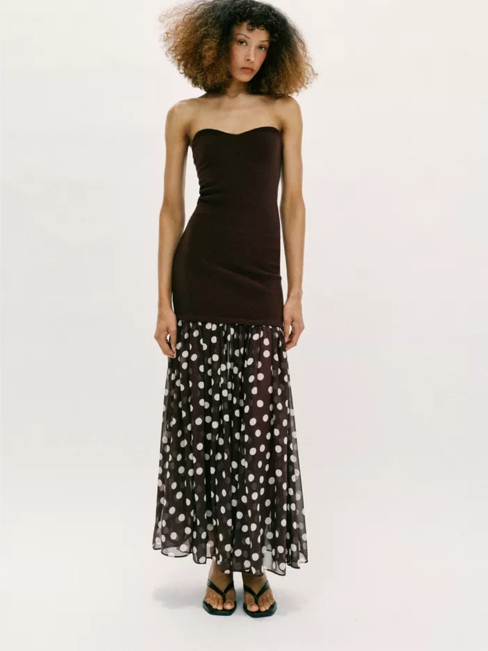 ZARA Strapless Brown Maxi Dress with Polka Dot Skirt